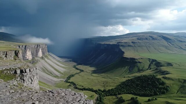 A heavy rain cell advances into a broad green canyon beneath dark storm clouds, casting deep shadow over layered plateau cliffs while distant grasslands remain bright under shifting mountain daylight