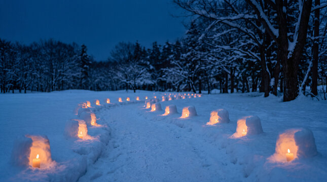 Row of glowing snow lanterns beside a snowy forest path at dusk during a Japanese winter light event