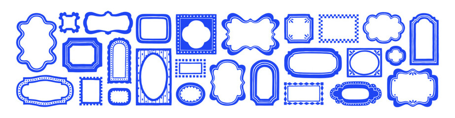 Obraz na płótnie Canvas Frame borders, patterns, vintage doodle designs. Wave, rectangle, oval square shape frames, retro borders, blue frames. Boarder decorations, cadre, vintage style patterns. Vector illustrations set