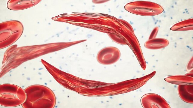Sickle cell anaemia, 3D animation of sickle-shaped red blood cells among normal erythrocytes circulating in blood.