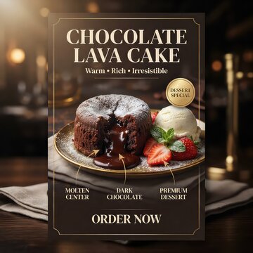 Chocolate lava cake dessert menu poster, molten chocolate cake with vanilla ice cream and strawberries, elegant restaurant food advertisement