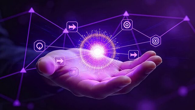 Open hand holding glowing particle sphere surrounded by purple network lines and tech icons