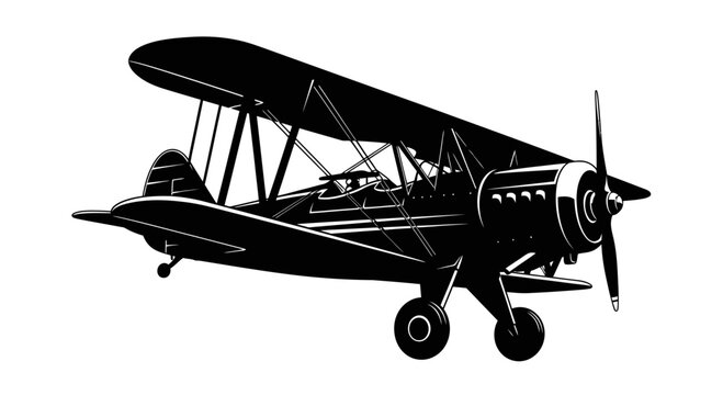 Vintage Biplane Silhouette Isolated on White Background