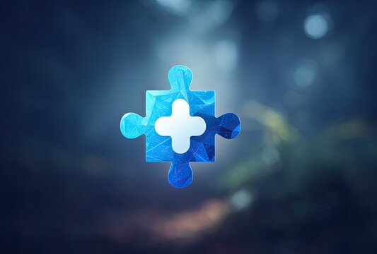 A single blue puzzle piece, plus sign,  dark background