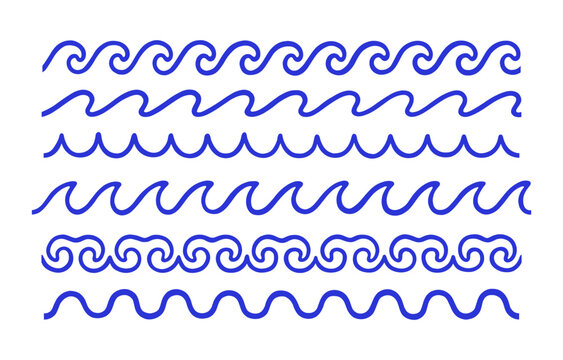 Line wave patterns, seamless sea water curves, wavy wiggles. Seamless water lines, sea wave shapes, horizontal patterns. Flow borders, separators, squiggly ornaments. Vector illustrations set