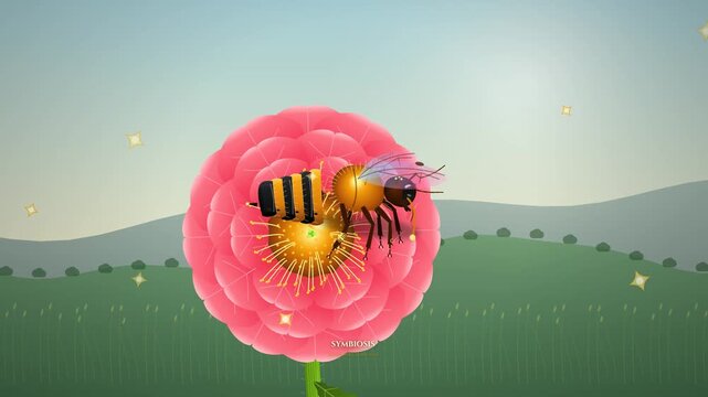 Animation illustrating pollinator extinction where a western honey bee Apis mellifera on a Zinnia elegans flower dies from toxic pesticide spraying by a crop duster airplane causing ecological death