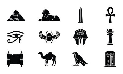 Fototapeta premium Ancient Egyptian Icons Collection: Pyramids, Sphinx, Hieroglyphs, Ankh, Eye of Horus, Scarab, Pharaoh, Camel, Falcon, Obelisk, Scroll, Tomb - Vector Graphics