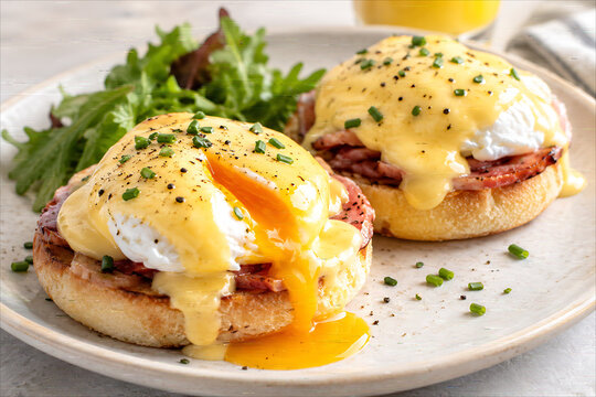 Delicious eggs benedict served with golden hollandaise sauce and fresh greens on transparent background