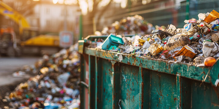A large industrial green dumpster overflowing with various types of garbage and plastic waste at a recycling facility yard outdoors during daytime with construction equipment blurred in the background