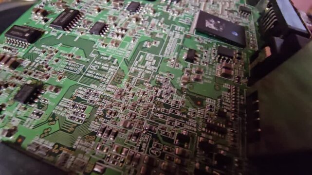 Close-up of a digital projector internal mainboard circuit with electronic microchips, capacitors, and IC components, highlighting optic engine and AV hardware technology.