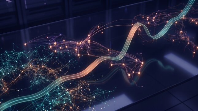 Abstract financial data visualization with glowing ribbon and network clusters
