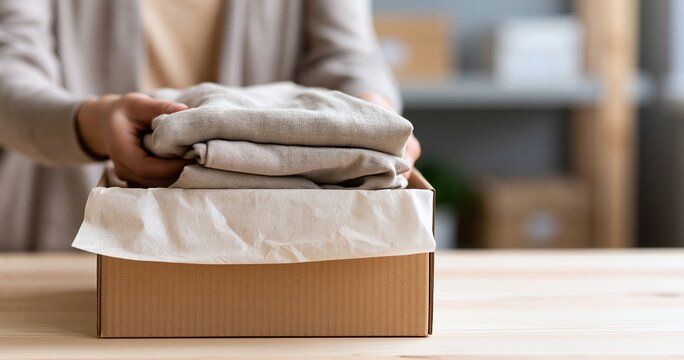 Person packing folded clothes in box