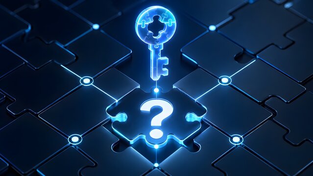 Illuminated puzzle key and question mark on an interconnected digital grid, symbolizing problem-solving and finding solutions.