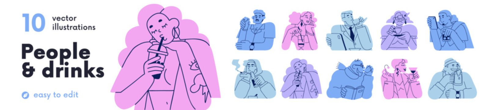 Characters drink, persons with beverages. People characters with cups and glasses, drink coffee, tea, soda, espresso, beer, alcohol cocktails, beverages. Flat vector illustrations isolated on white