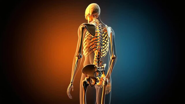 A 3D image of a human skeleton illuminated by orange and blue light.