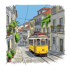 Fototapeta premium Yellow tram on cobblestone street, European city, illustration