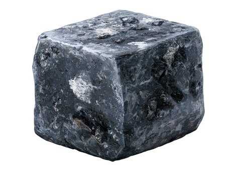 Basalt rock cube geological stone black, gray texture isolated transparency background, showing rough volcanic surface detail