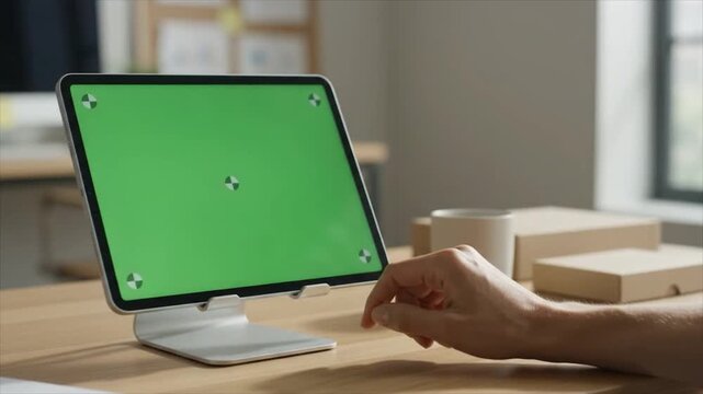 Person using a tablet computer with a green screen on a desk in a home office.