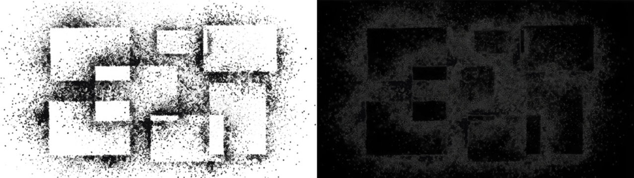 Black spray paint stencil rectangles with grainy splatter texture. Grunge aerosol graffiti elements on transparent background for urban poster, street art design, and edgy digital graphic overlay