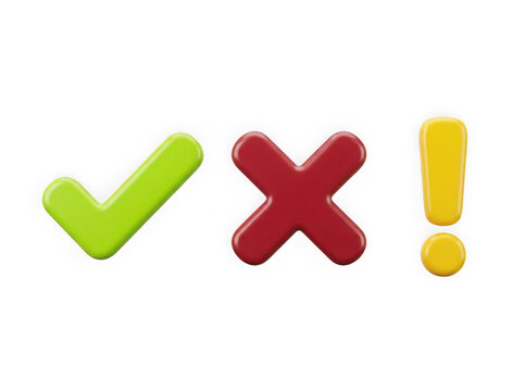 Acceptance, rejection and attention 3d signs on white. Right, wrong and exclamation caution check marks three-dimensional rendering vector illustration