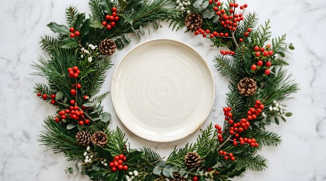 Beautiful festive christmas wreath created with lush pine branches vibrant red berries and detailed pinecones set on a pristine white marble background