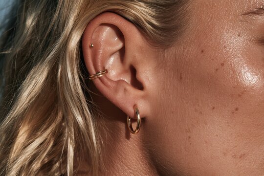 Close-up of a female ear showing jewelry, blonde hair, and skin with freckles