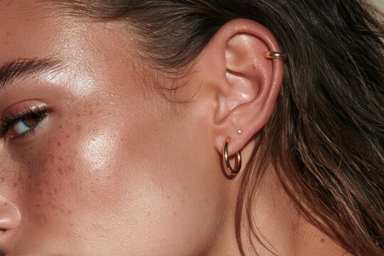 Woman showing ear with multiple piercings and golden accessories