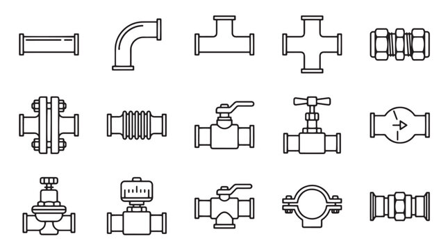 Plumbing pipe fittings and valves icon set featuring various connector types and elements