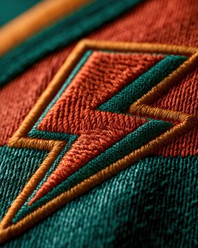 Lightning Bolt Emblem: A close-up shot of a fabric emblem featuring a bold orange lightning bolt outlined in yellow and bordered by teal and orange stripes, representing power and energy.