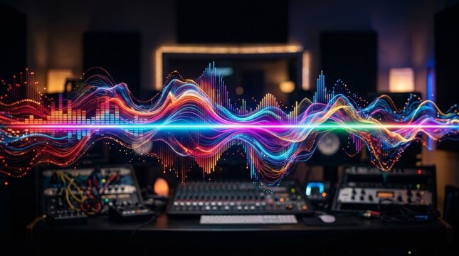 A vibrant digital art piece visualizing music production, featuring glowing audio waveforms and sound waves floating above a recording studio mixing console with colorful lights