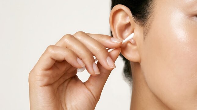 Close up of an Asian woman using a cotton swab to clean her ear, showing personal hygiene routine with a cotton swab for daily body care and the utility of a cotton swab