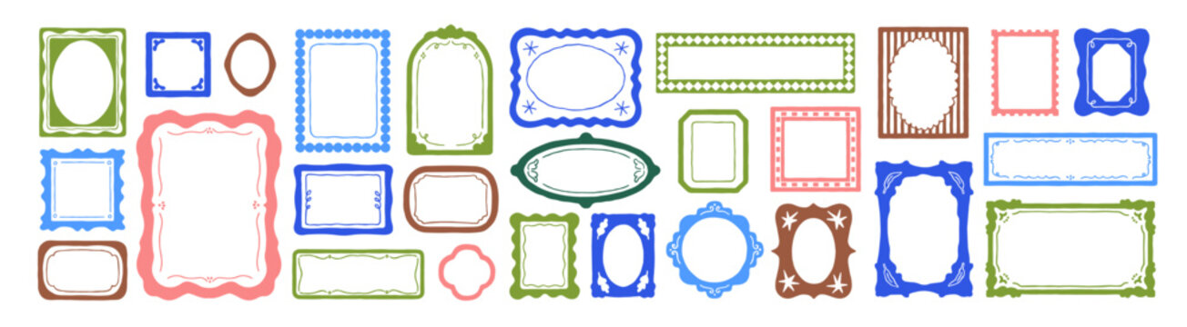 Cute hand-drawn frames, doodle line borders. Wavy sketch pattern frames of square, rectangle, oval shape. Wave border cards, cute whimsical design. Doodle hand-drawn backgrounds. Vector illustrations