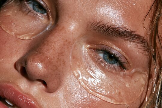Woman applying eye patches for hydration, reducing signs of aging and improving skin health