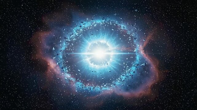 An energy sphere that glows blue and expands in outer space.