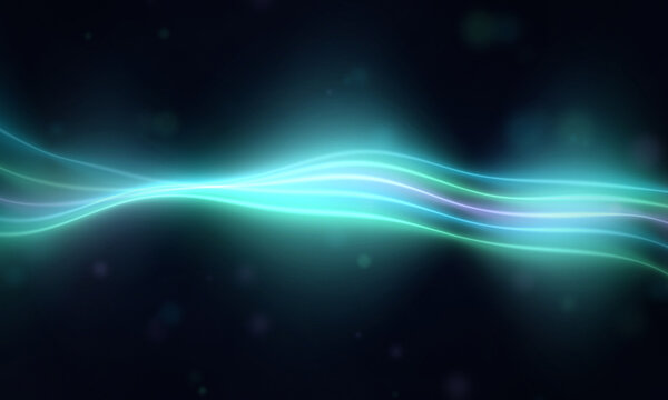 Flowing bright cyan and teal neon light streaks on dark abstract background