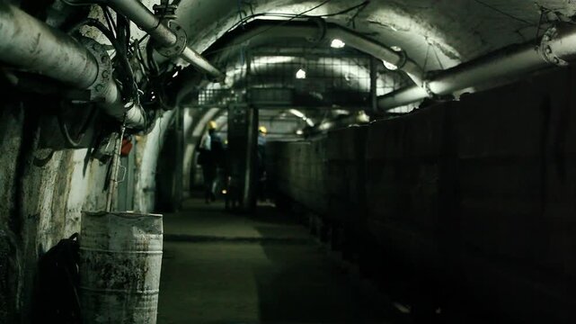 Dim underground coal mine tunnel corridor with pipes and silhouette of miners in the distance