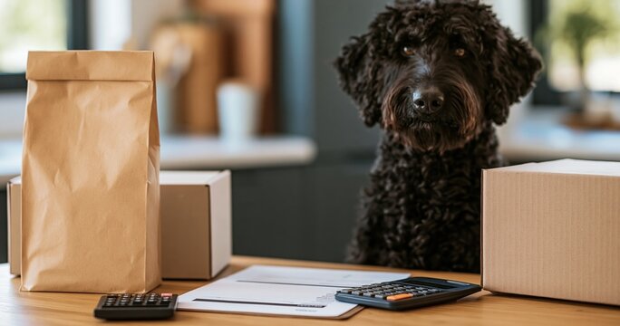 Curly black dog with packages and calculator
