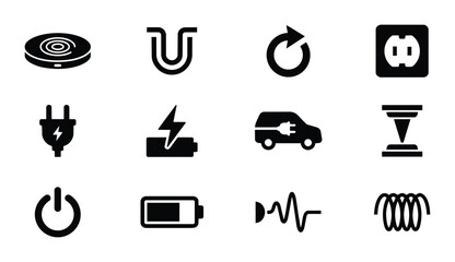 Fototapeta premium Electric Vehicle Charging Icons, Power Symbols, Energy Technology Vector Set: Wireless Charger, Plug, Battery, Car, Outlet, Power Button, Coil