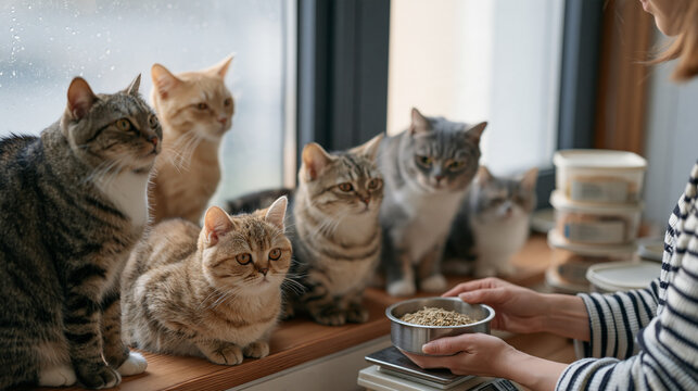 Multiple cats arranged at different heights across a rain soaked windowsill while their owner carefully weighs dry food portions on a kitchen scale, a stack of labeled feeding