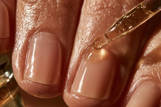 Dropper applying moisturizing oil to fingernail cuticles for beauty treatment