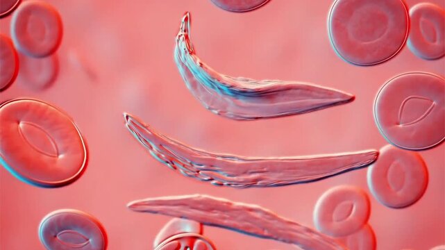 Sickle cell anaemia, 3D animation of sickle-shaped red blood cells among normal erythrocytes circulating in blood.