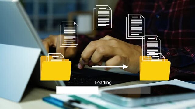 Holographic digital document transfer and file management, A person using a laptop with floating document icon, folders and a loading bar, showing digital file transfer and online document management.