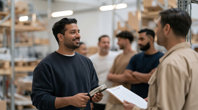 A warehouse picker in a quiet rural depot apologizes to a supervisor while holding a worn handheld scanner passed down from a retired colleague, a diverse small crew watching