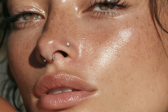Young woman with glowing skin, freckles, and nose piercings looking away