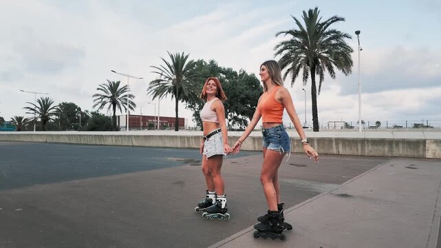 Two women rollerblading and dancing outdoors