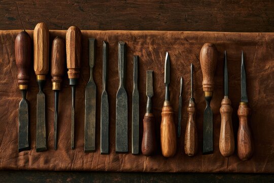 Woodworking chisels and hand tools arranged on a brown leather surface