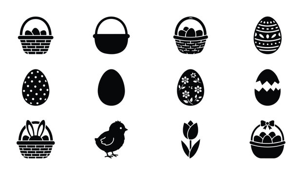 Easter Icons Vector Set: Festive Eggs, Baskets, Chick, Tulip, Holiday Symbols, Black and White Graphics, Spring Celebration Elements