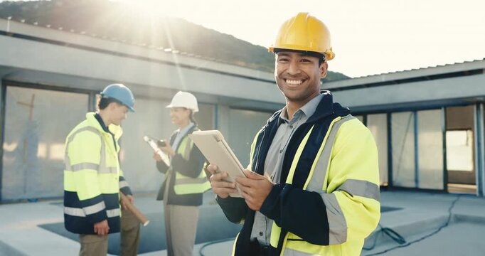 Face, engineer and tablet outdoor for construction, research and inspection report of architecture. Portrait, man and smile at site with tech, blueprint and compliance checklist for building progress
