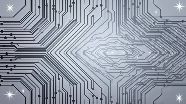 Abstract technology scene with gray circuit board lines and star shaped light spots