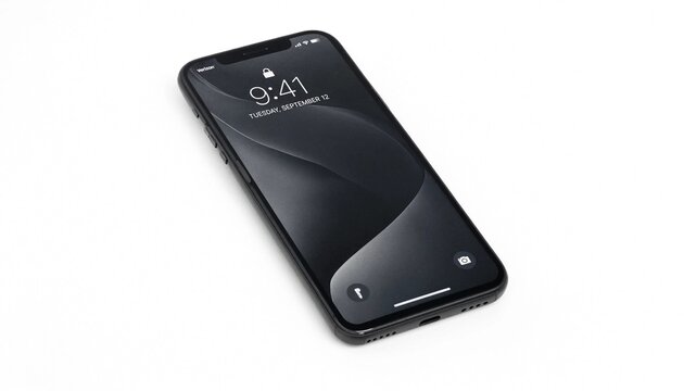 Black smartphone with lock screen showing time and date on white background, modern technology concept, product photography, sleek mobile device.